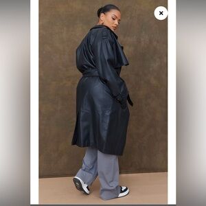 Plus Black Faux Leather Statement Buckle Trench Coat